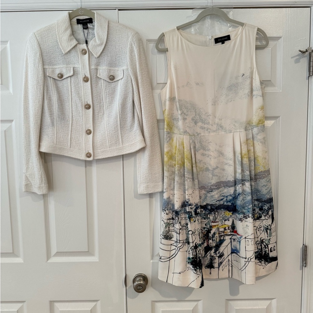 St. John Off white Pleated Fit And Flare Boat Town Silk Dress with Jacket.